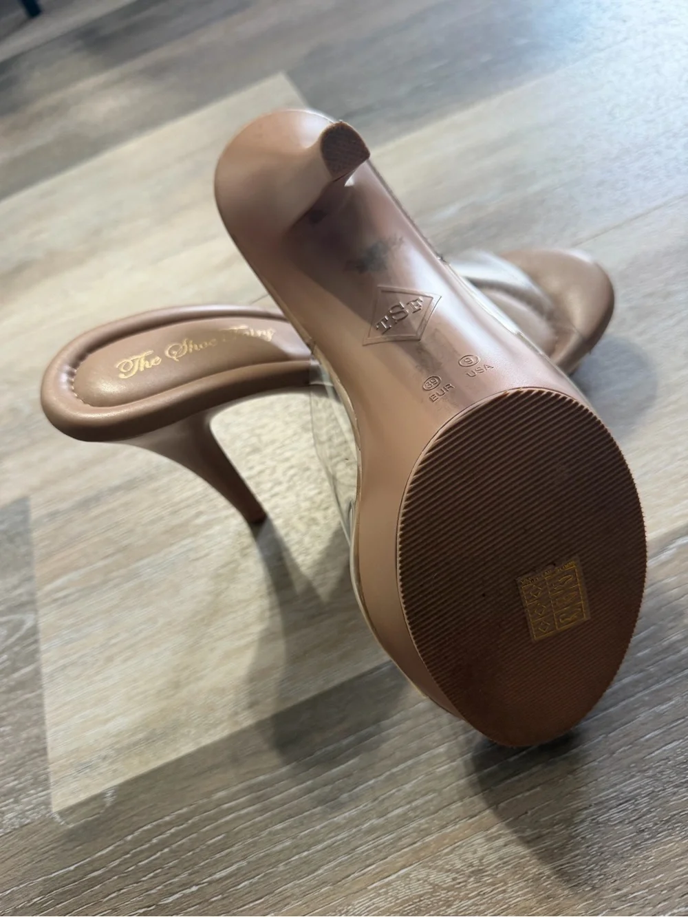 The Shoe Fairy Women's Clear Strap Nude High Heel Mule